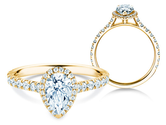 Verlobungsring Pear Halo Pavé in 9K Gelbgold mit Labordiamanten 0,58ct E/VS