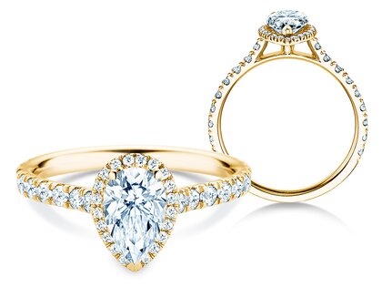 Verlobungsring Pear Halo Pavé in 9K Gelbgold mit Labordiamanten 0,58ct E/VS