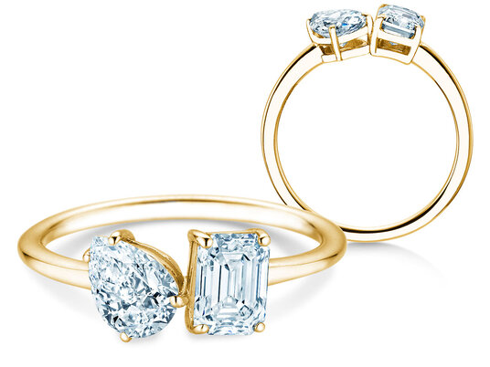 Verlobungsring Toi et Moi Pear & Emerald in 9K Gelbgold mit Labordiamanten 0,30ct E/VS