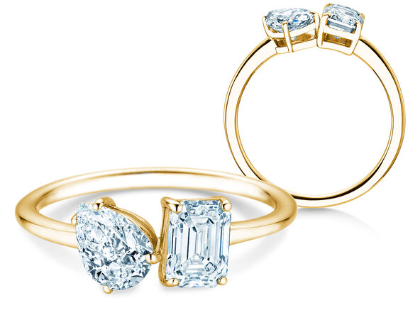 Verlobungsring Toi et Moi Pear & Emerald in 9K Gelbgold mit Labordiamanten 0,30ct E/VS