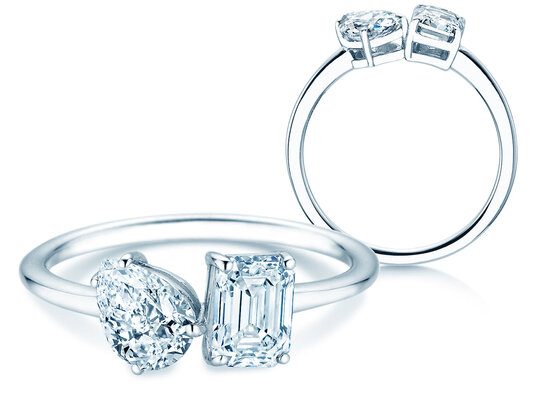 Verlobungsring Toi et Moi Pear & Emerald in 9K Weißgold mit Labordiamanten 0,30ct E/VS