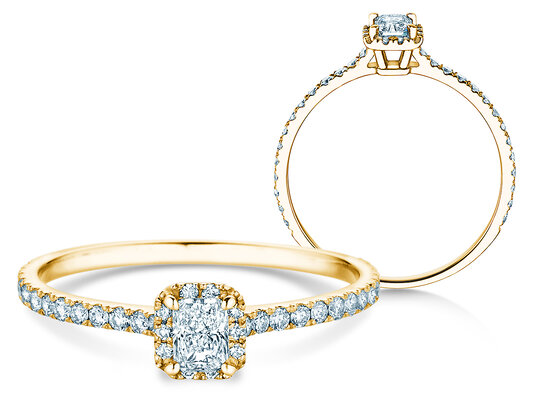Verlobungsring Radiant Halo Pavé in 9K Gelbgold mit Labordiamanten 0,58ct E/VS