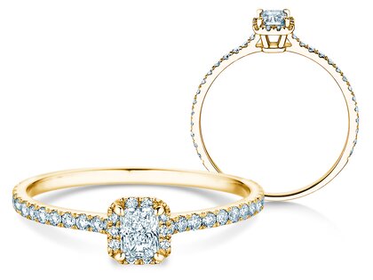 Verlobungsring Radiant Halo Pavé in 9K Gelbgold mit Labordiamanten 0,58ct E/VS