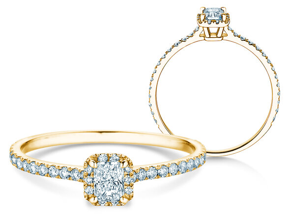 Verlobungsring Radiant Halo Pavé in 9K Gelbgold mit Labordiamanten 0,58ct E/VS